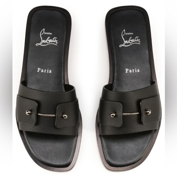 Christian Louboutin Chambelimule Donna Flat Black Calf Leather Slide Sandal 35 - Picture 8 of 15